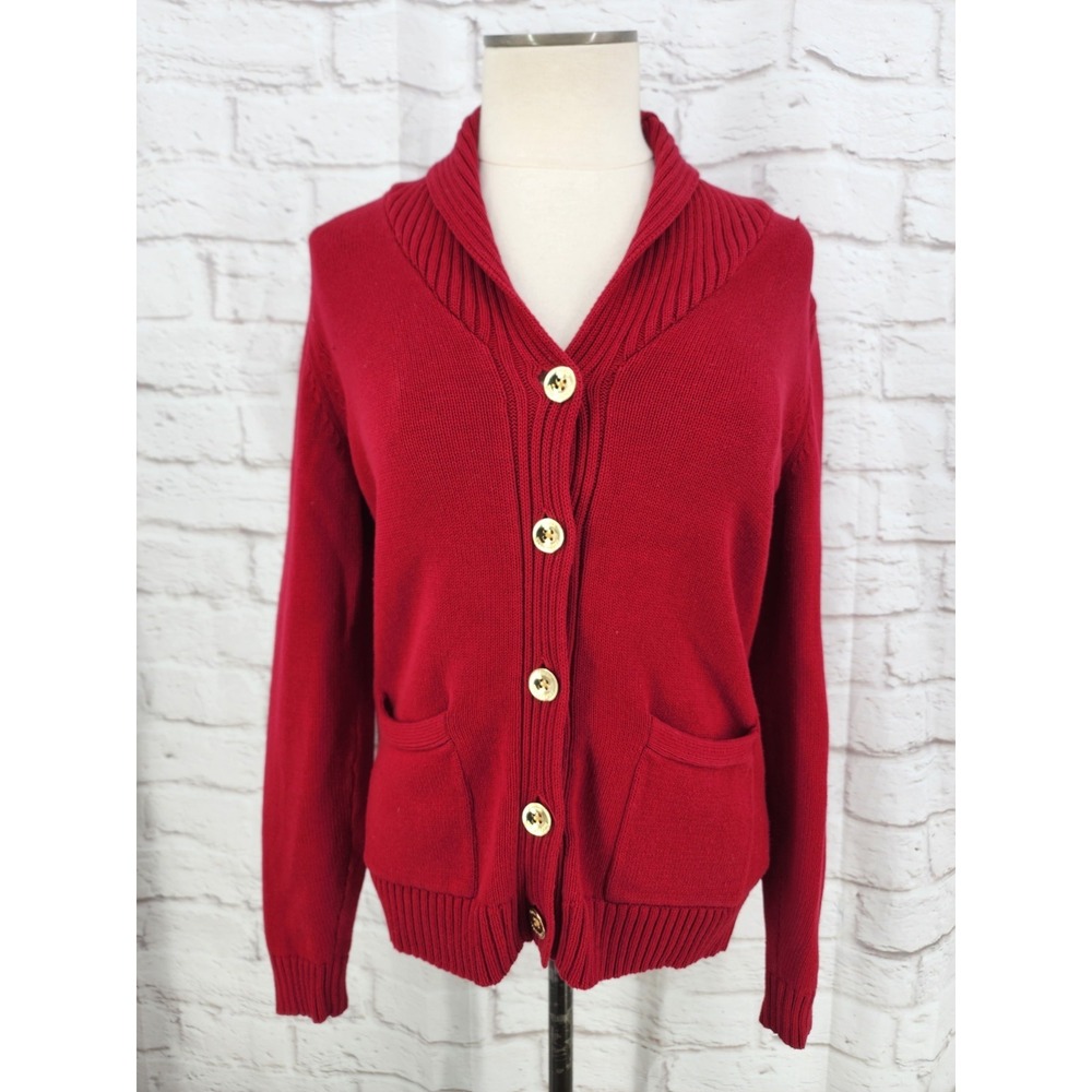 Lauren Ralph Lauren Button Front Cardigan Pockets Gold Preppy Classic Red Medium